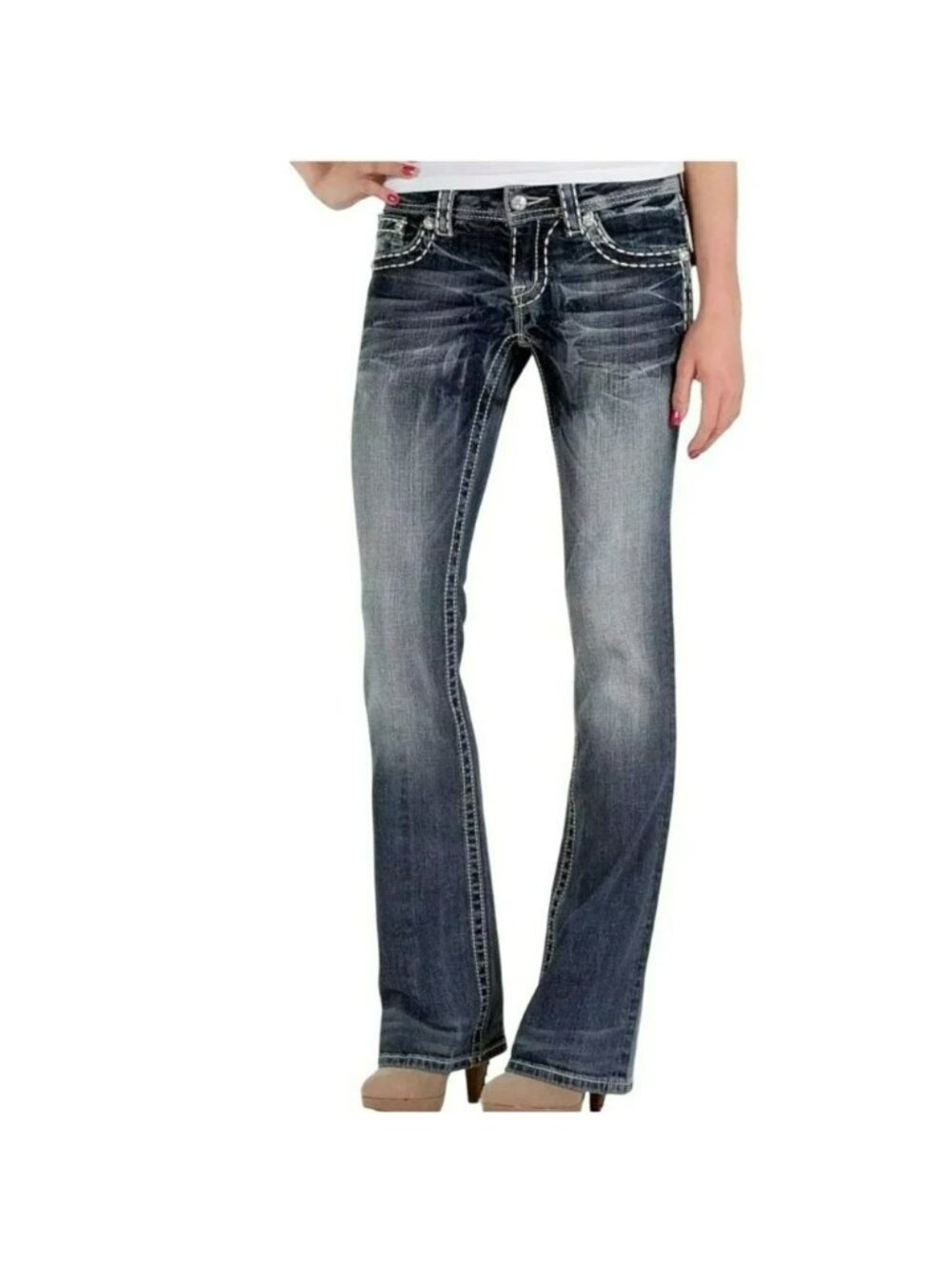 Miss Me Bootcut Embellished Stitching Jeans Womens 30 Low Rise